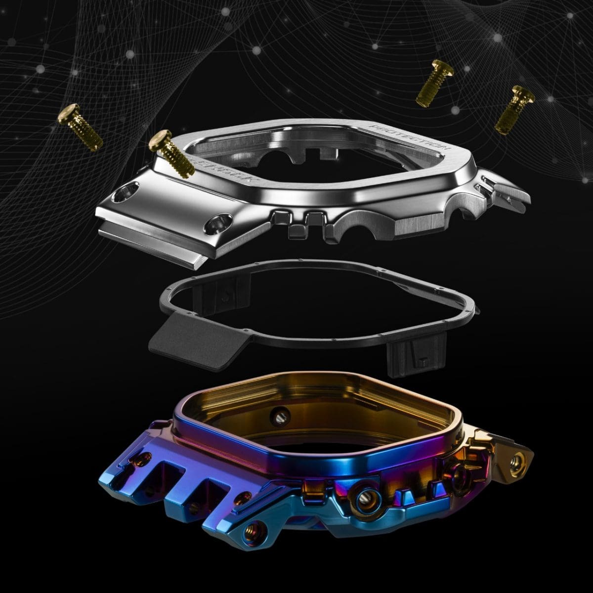 Illustration of the individual parts of the case of the GMW-BZ5000RC-1ER wristwatch with silver top and rainbow-colored underside.