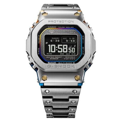 Front view of the all-metal G-SHOCK GMW-BZ5000RC-1ER watch with black digital display
