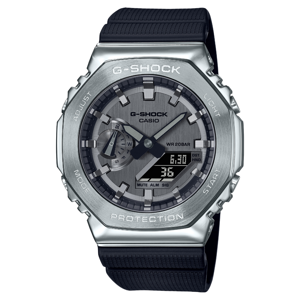 Front view of the silver G-SHOCK wristwatch GM-2100-1A-MAN with black resin strap