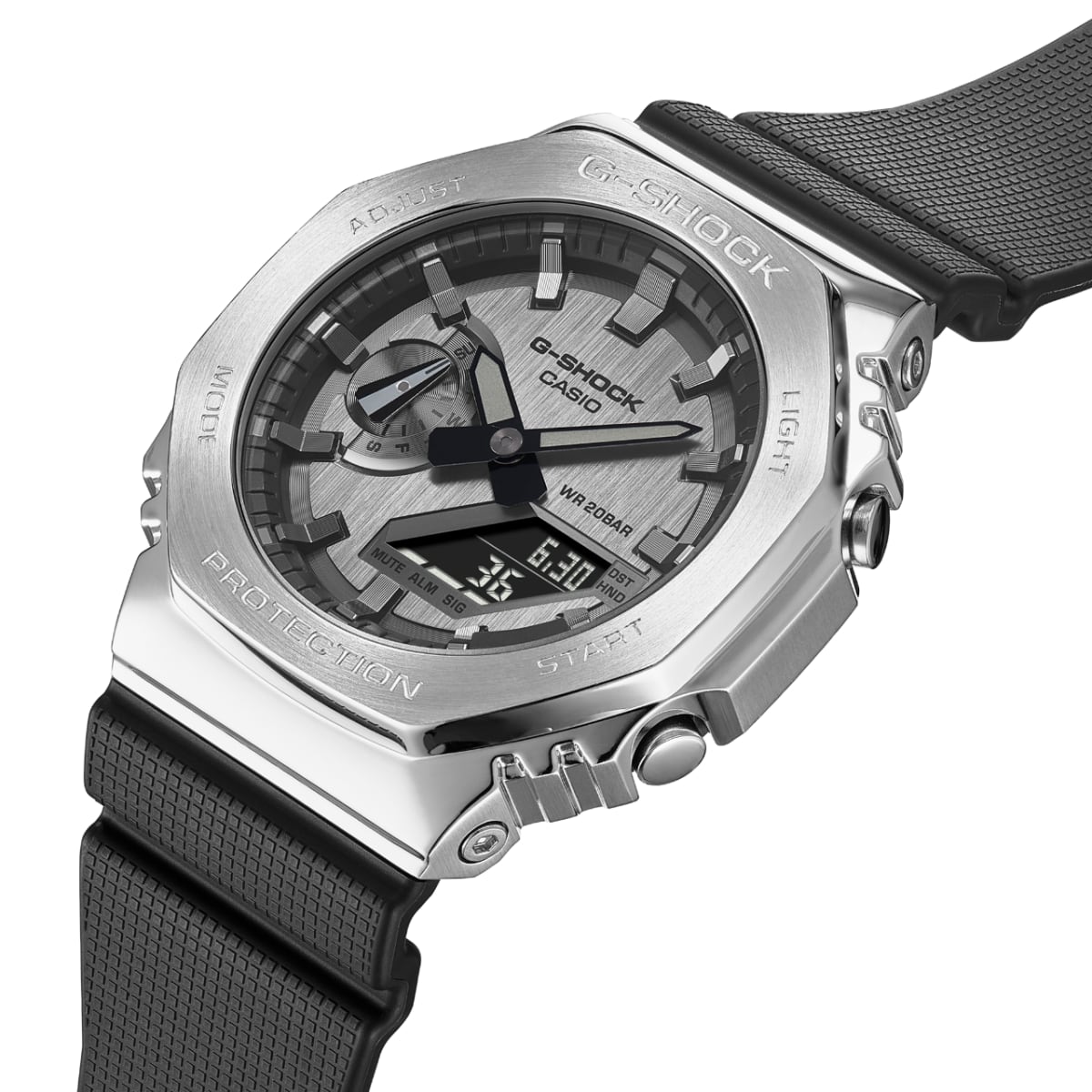 Close-up of the case of the G-SHOCK GM-2100-1A-MAN analog-digital wristwatch with brushed finish on the dial and bezel.
