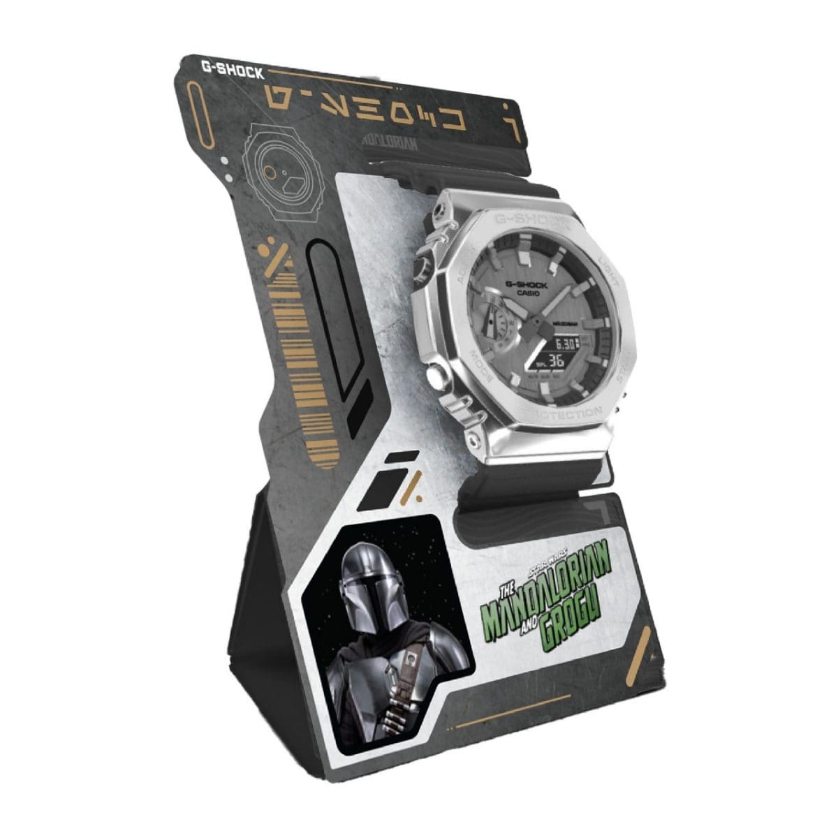 The G-SHOCK GM-2100-1A-MAN wristwatch is mounted on a foldable stand, which also features an image of the Mandalorian.