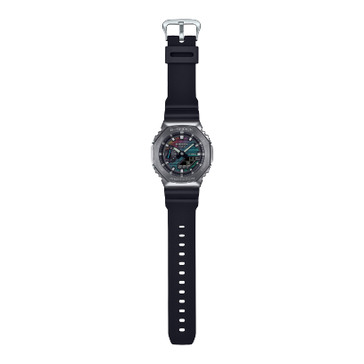 Full view of the G-SHOCK GM-2100BRW-1A wristwatch with black plastic strap, silver stainless steel case and dark dial with brick wall pattern
