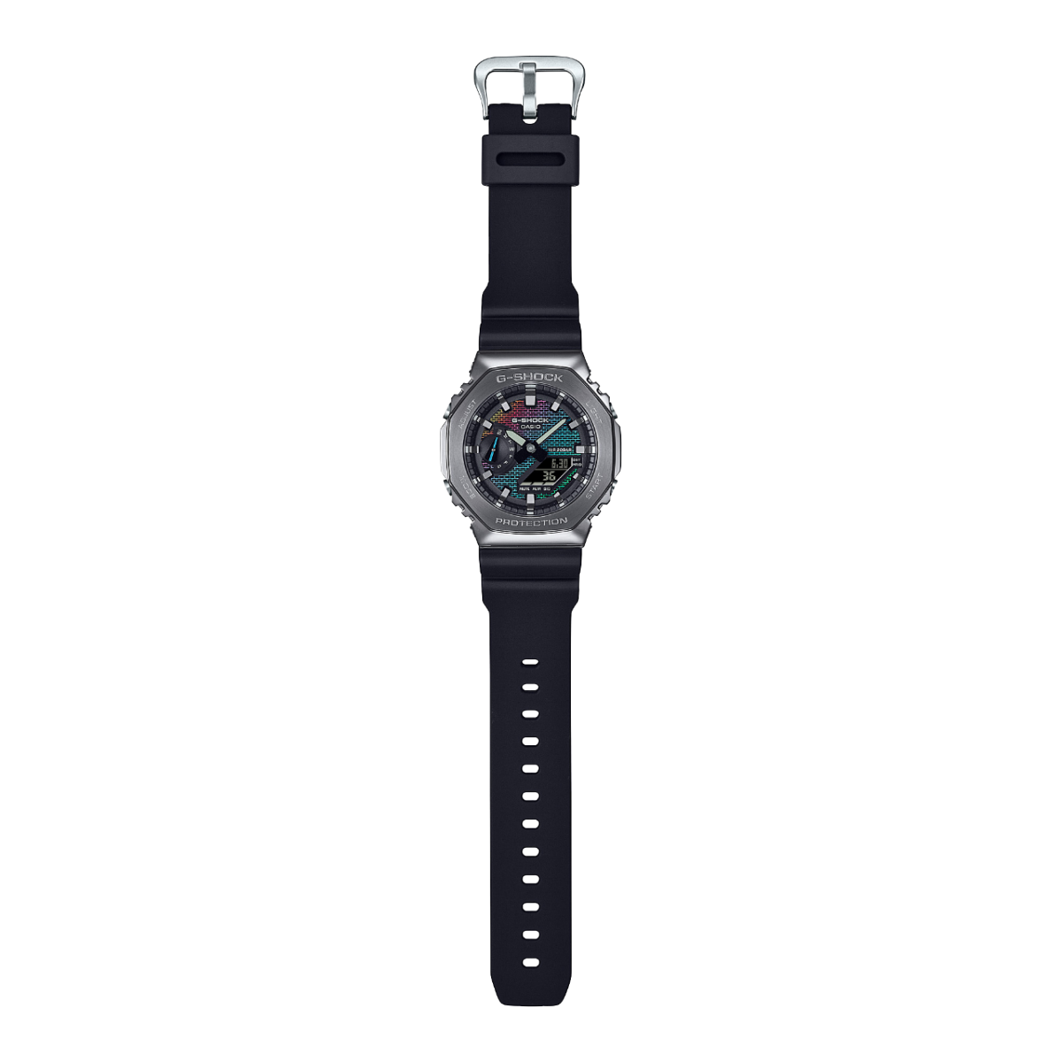 Full view of the G-SHOCK GM-2100BRW-1A wristwatch with black plastic strap, silver stainless steel case and dark dial with brick wall pattern