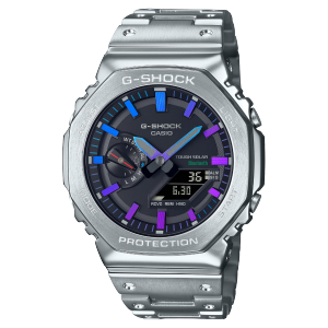 The CASIO GM-B2100PC-1A hybrid watch with a silver stainless steel case and band and a dial accented with various shades of purple