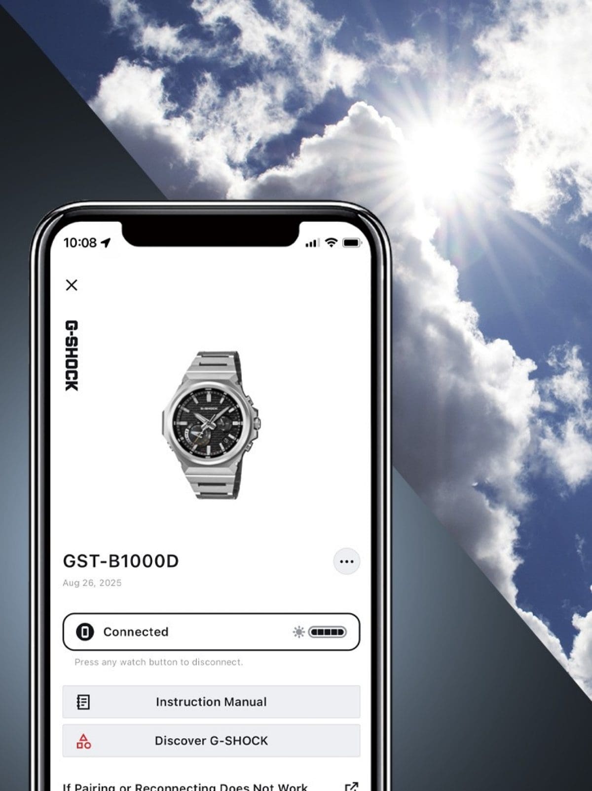 The GST-B1000D-1AER can be seen on the screen of a smartphone
