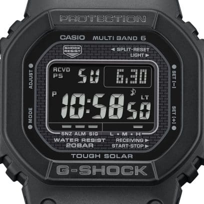 Close-up of the rectangular digital display of the G-SHOCK watch GW-5000HS-1