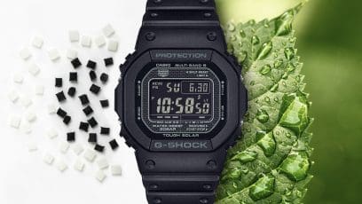 To the left of the GW-5000HS-1 are small brickets made of bio-based resin, and to the right of the clock there is a green leaf.