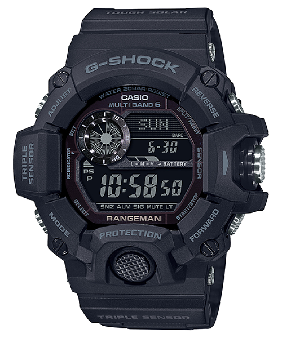 Front view of the black G-SHOCK wristwatch GW-9400-1BER with round case