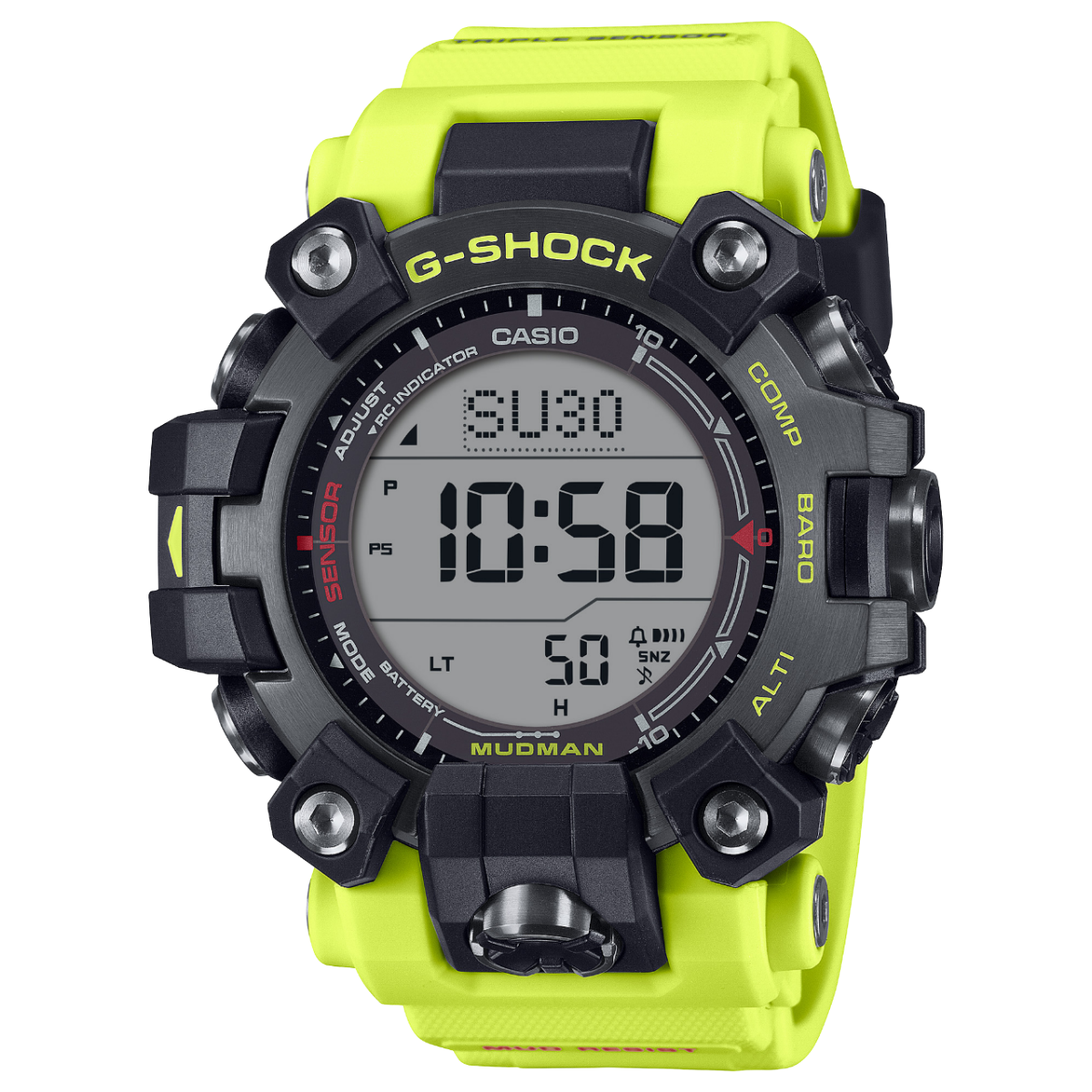 Front view of the GW-9500MRY-1A9ER with black case and bright yellow strap