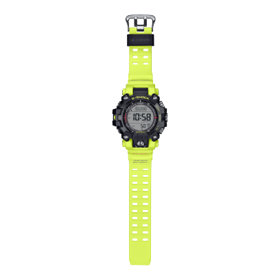 Complete view of the GW-9500MRY-1A9 with yellow strap, black case, black clasp and black strap holder.