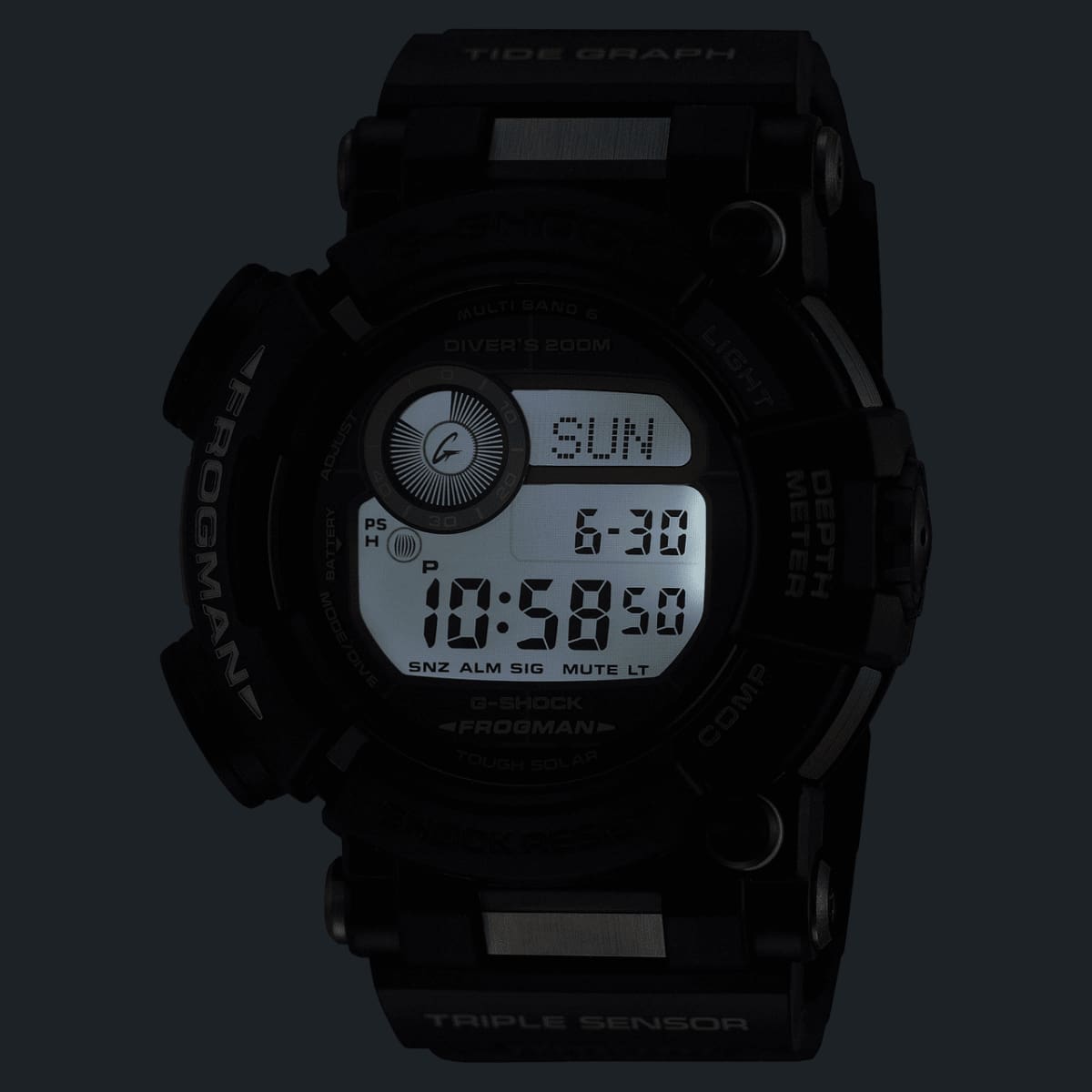 Digital dial of the GWF-D1000BC-1ER wristwatch in the dark with the lights on