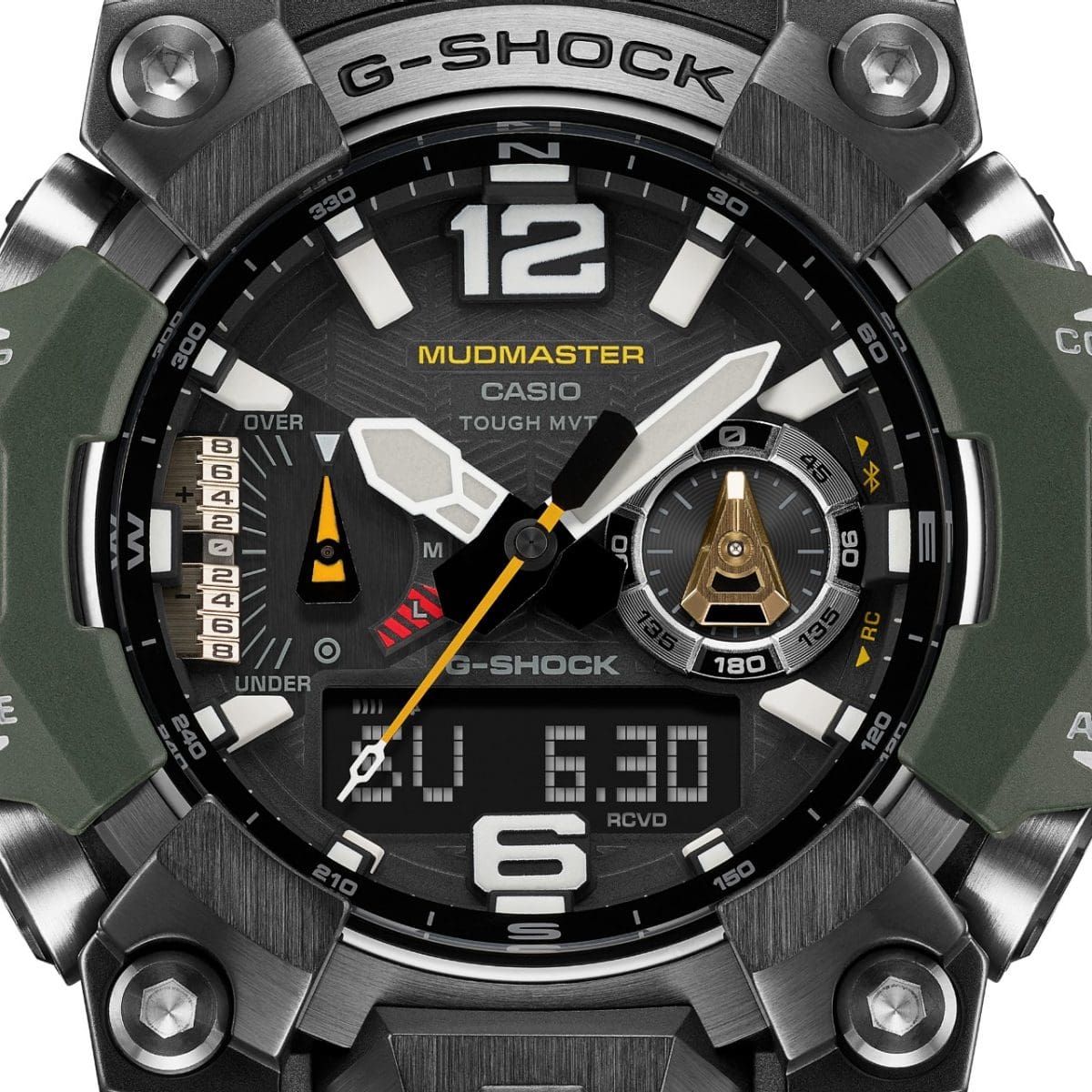 Close-up of the black, digital-analogue dial of the Mudmaster GWG-B1000-3A with its light-coloured hands and numerals, yellow accents and stainless steel case and dark green resin elements