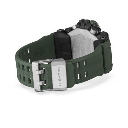 The solar-powered GWG-B1000-3A watch with closed wristband, showing the back of the watch and the wristband clasp with G-SHOCK engraving