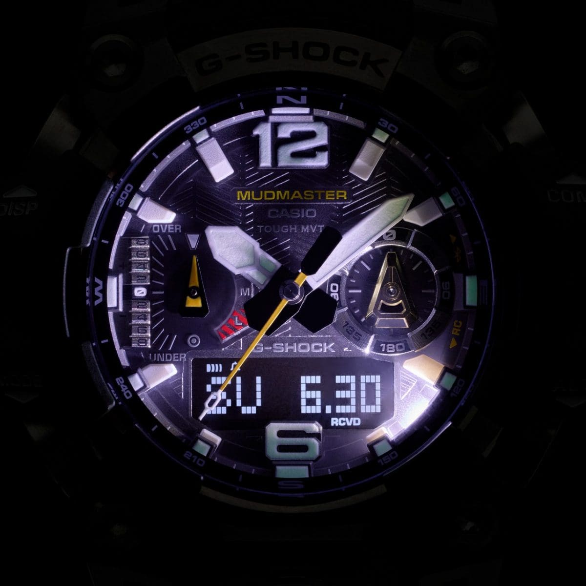Close-up of the display of the GWG-B1000-3A in the dark with luminous display illumination