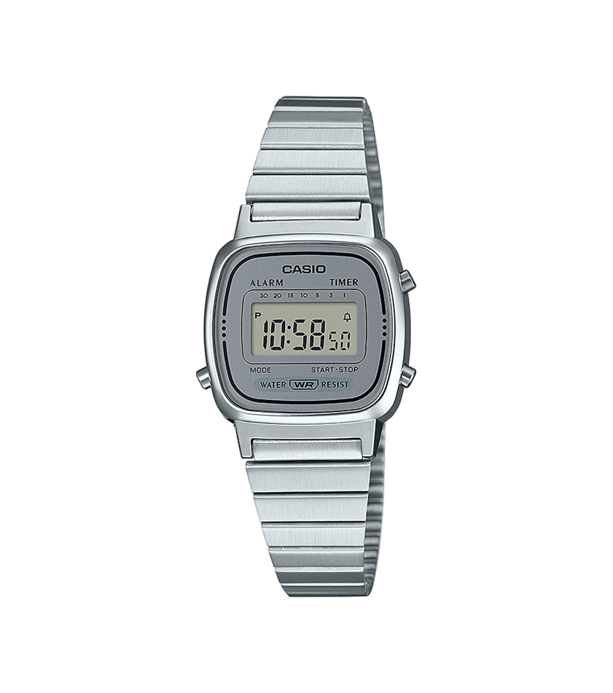 The CASIO VINTAGE COLLECTION LA670WEA-7 wristwatch features a square digital dial surrounded in grey with black accents, a square silver case and a stainless steel link bracelet in silver.