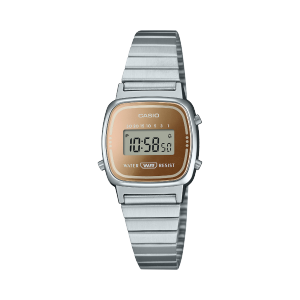 The small LA670WES-4A digital wristwatch from CASIO Vintage Collection with a silver wristband and bronze-brown shimmering display.