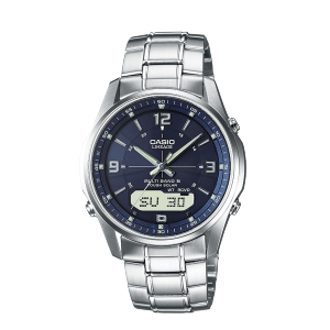 Front view of the silver LCW-M100DSE-2A with dark blue dial