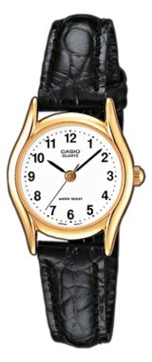 The analogue wristwatch LTP1154PQ with black leather strap, gold-coloured case and small, round display