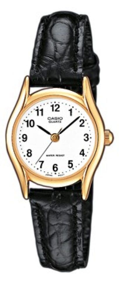The analogue wristwatch LTP1154PQ with black leather strap, gold-coloured case and small, round display