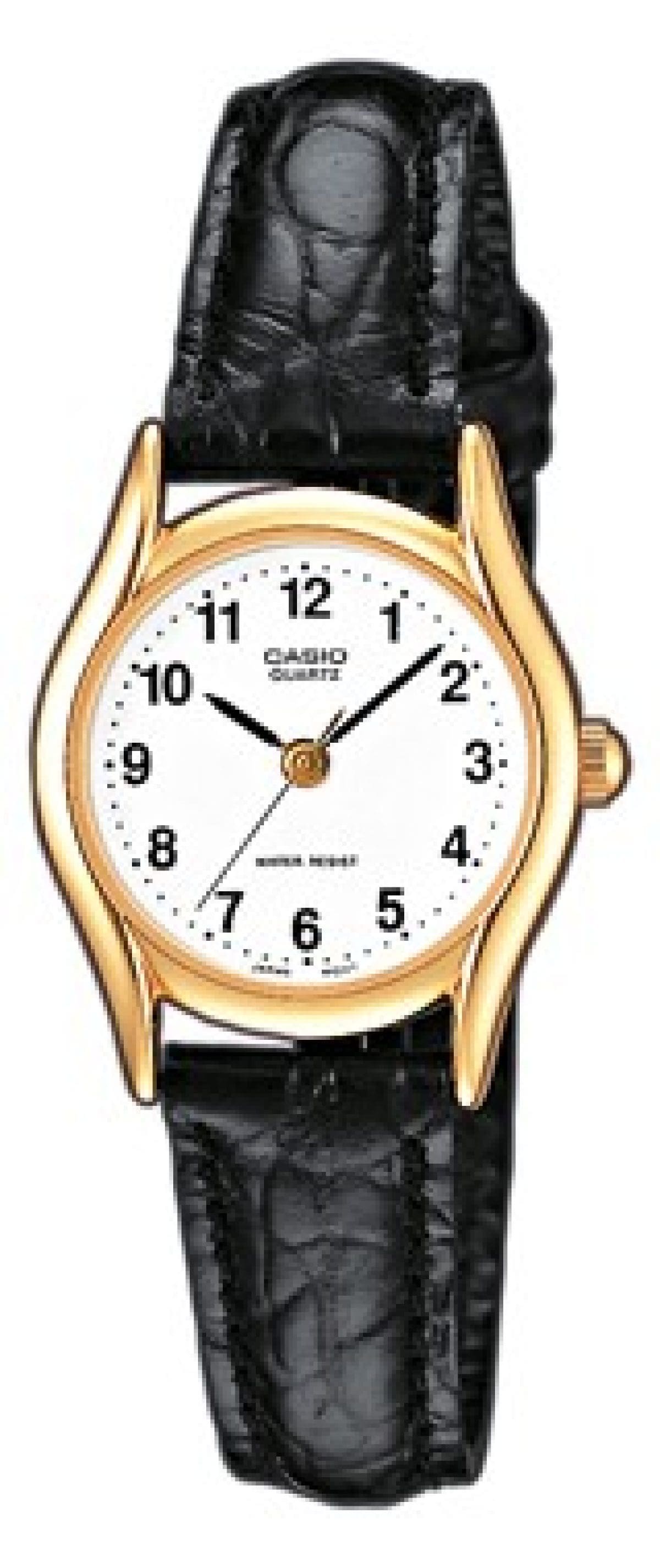 The analogue wristwatch LTP1154PQ with black leather strap, gold-coloured case and small, round display
