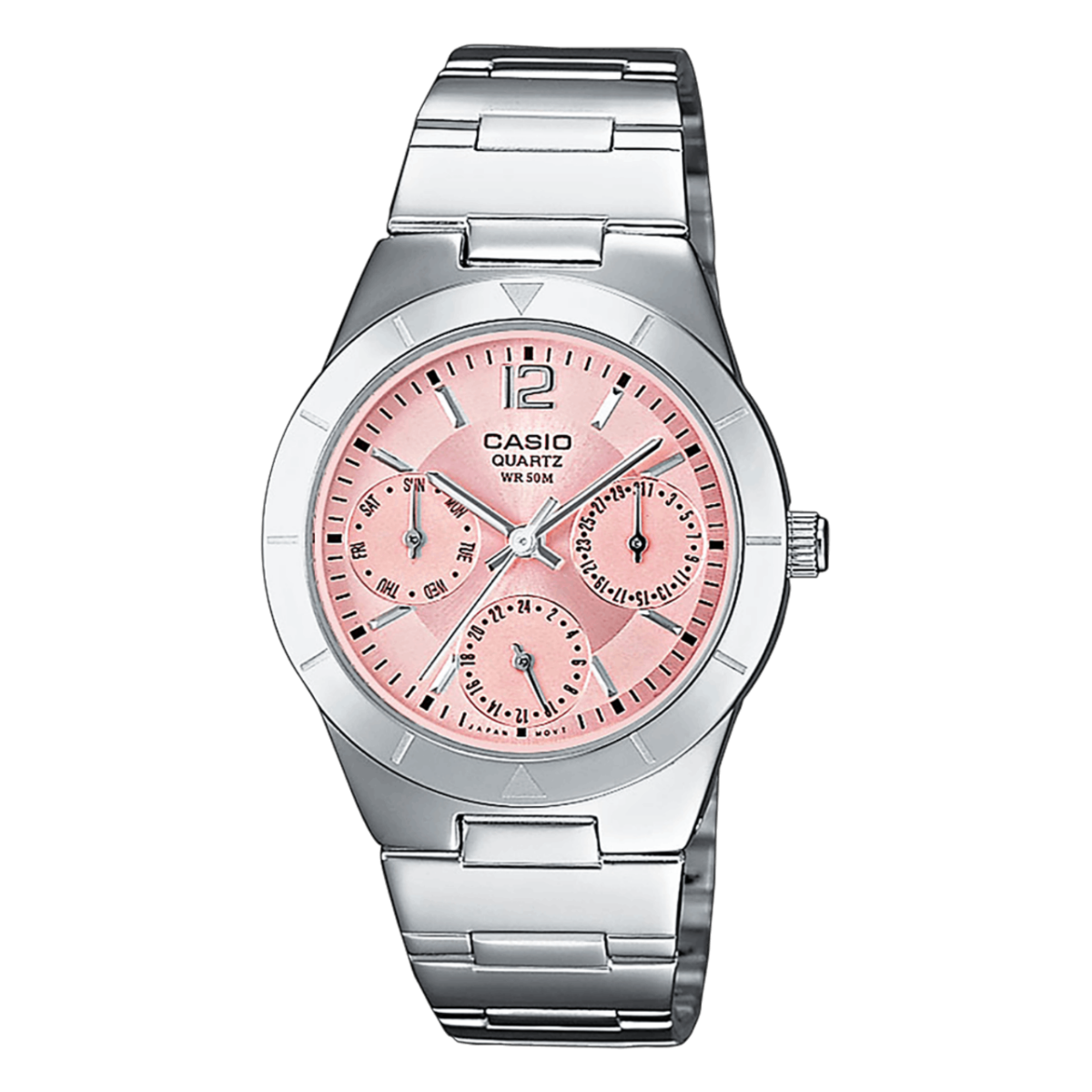 Front view of the silver LTP-2069D-4AV with pink analog dial