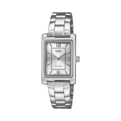 Front view of the silver analog watch LTP-1234PDD-7AEF with link bracelet and rectangular case