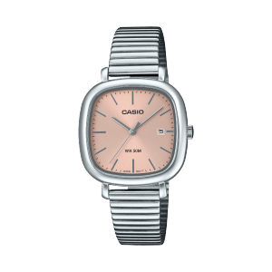 Front view of the silver LTP-B166D-4AVEF with pink dial