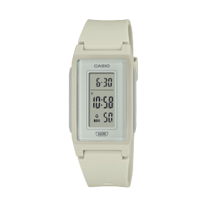 The LF-10WH-8 digital ladies' watch in a slim and flat monochrome design with a white plastic strap