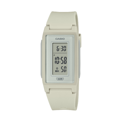 The LF-10WH-8 digital ladies' watch in a slim and flat monochrome design with a white plastic strap
