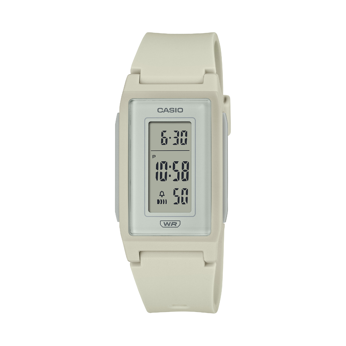 The LF-10WH-8 digital ladies' watch in a slim and flat monochrome design with a white plastic strap