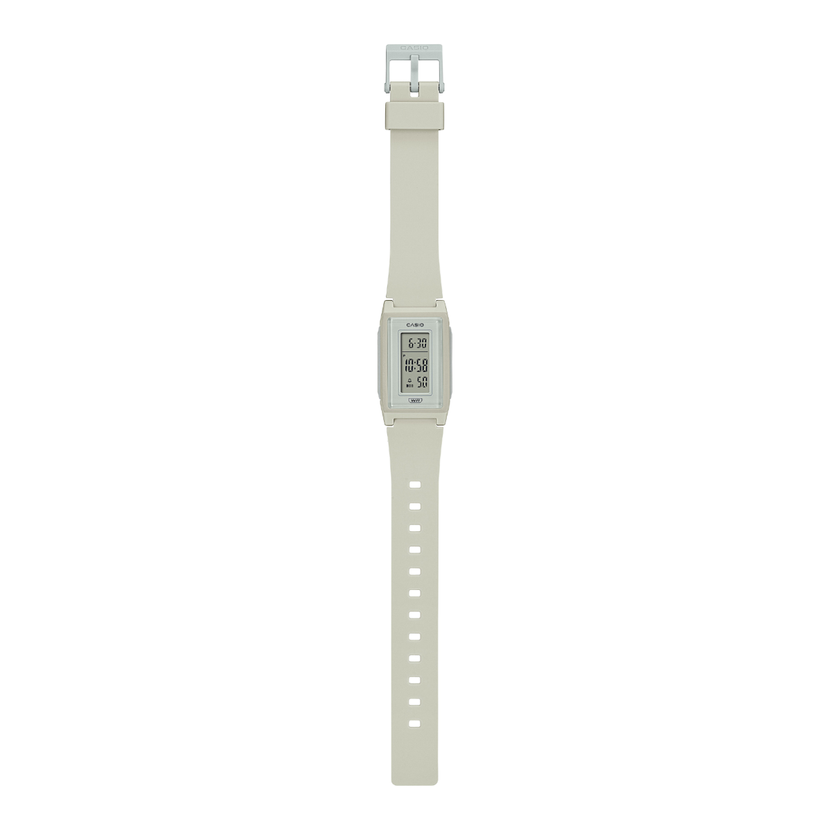 Full view of the LF-10WH-8 digital watch with a white plastic strap and a clear display