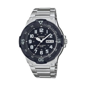 The CASIO TIMELESS COLLECTION wristwatch MRW-200HD-1BV features a round, analog dial in black with white accents, a black bezel with 5-minute scale, a silver resin case and a stainless steel bracelet in silver.