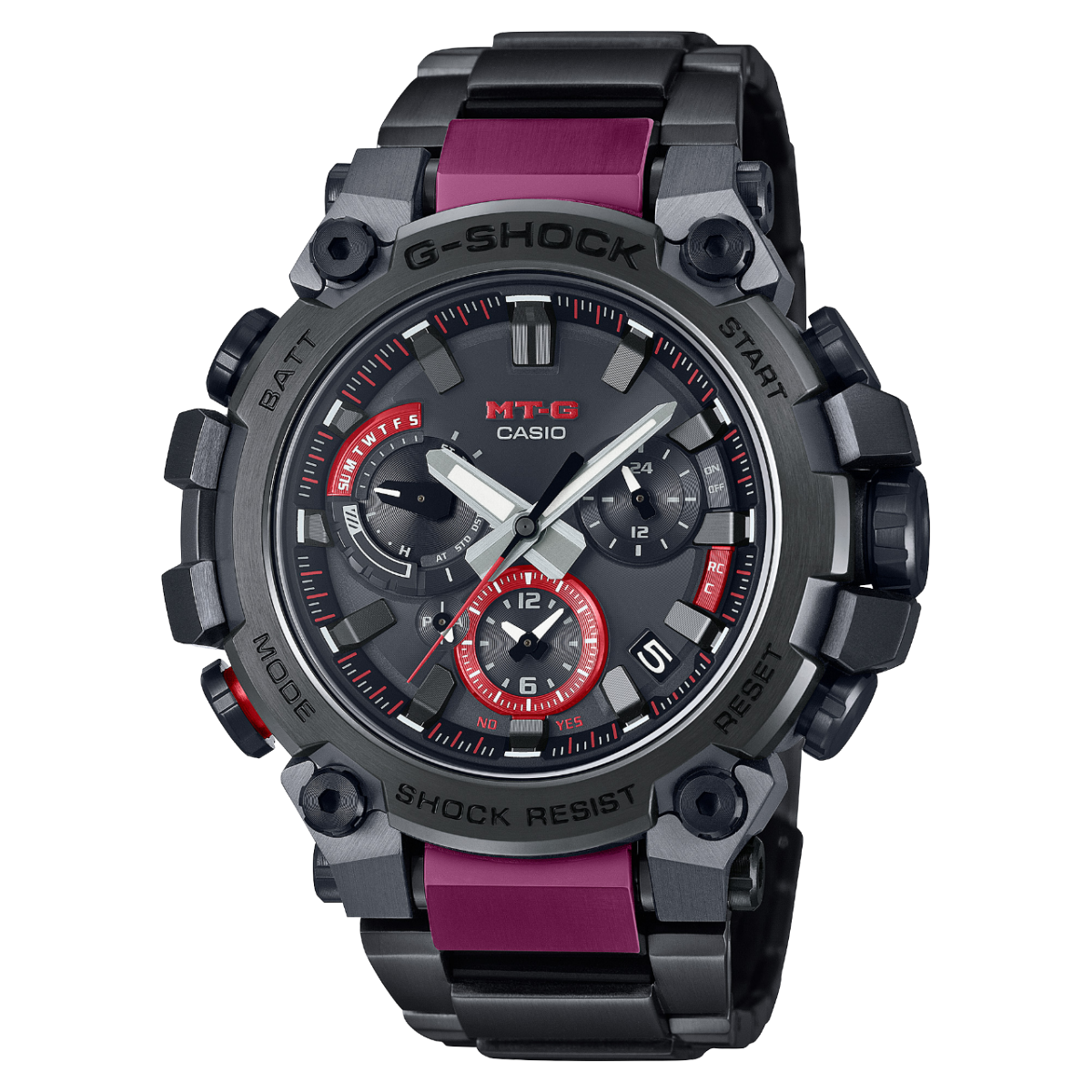 The MTG-B3000BD-1A wristwatch from G-SHOCK with a dark grey titanium bracelet with large links and pink details on the large, robust case and round analogue display.