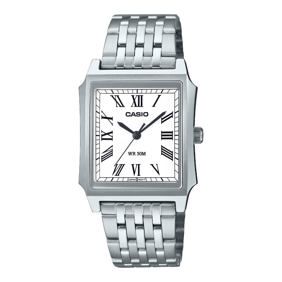 Front view of the silver MTP-B190D-7BVEF with white dial