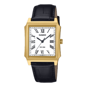 Front view of the MTP-B190GL-7BVEF with black leather strap and gold case