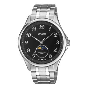 Front view of the MTP-M110D-1AVER with moon phase display at the 6 o'clock position