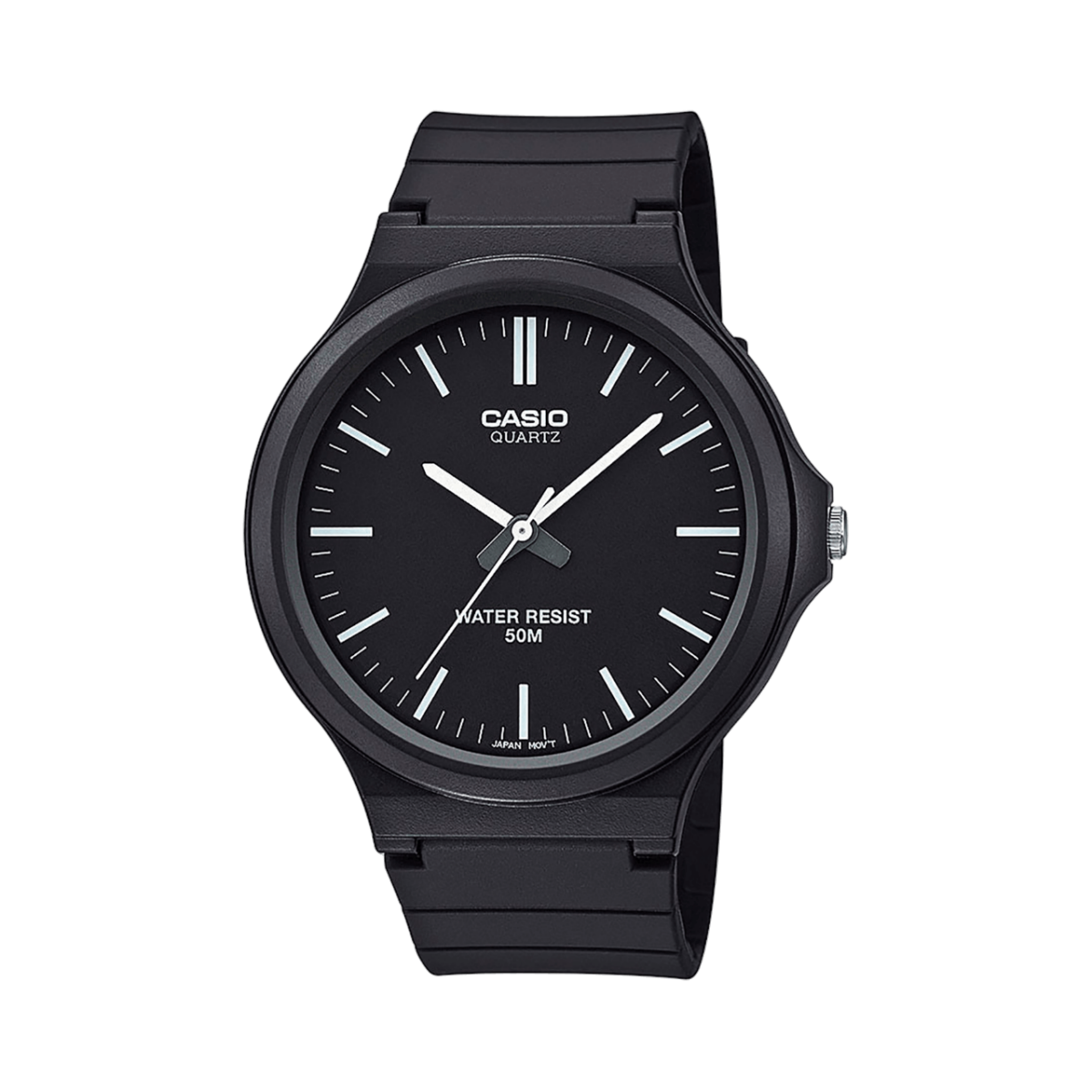 Front view of the black MW-240-1EV with white indices and hands