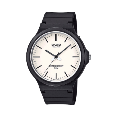 Front view of the black MW-240-7EV with white dial and black hands and indices