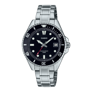 MDV-10D-1A1V wristwatch from CASIO with black analogue display and silver-coloured strap. The second hand is a striking red colour.