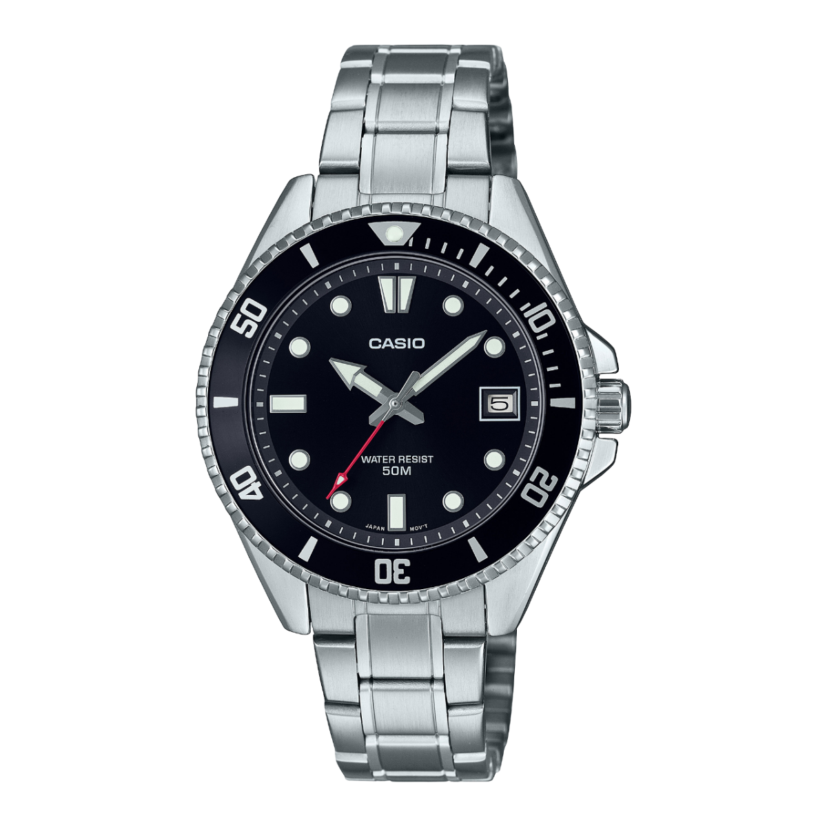 MDV-10D-1A1V wristwatch from CASIO with black analogue display and silver-coloured strap. The second hand is a striking red colour.