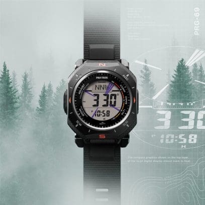 The PRG-69-1ER digital watch against a backdrop of a cloud forest with the compass display activated on the digital display