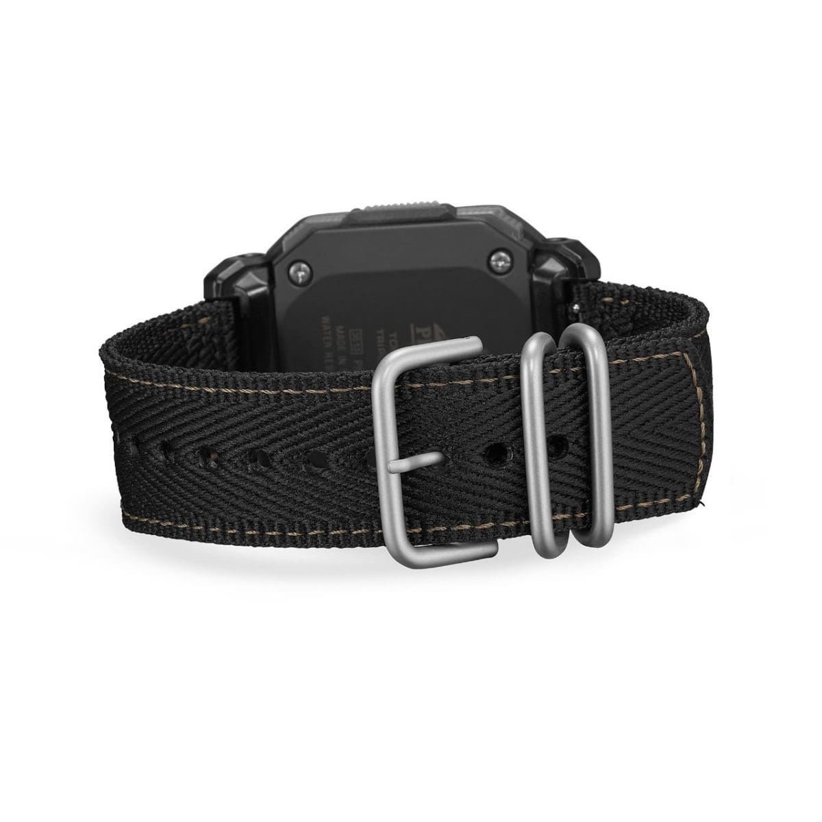 Back of the PRO TREK PRG-69B-1ER with closed fabric strap and silver metal buckle.