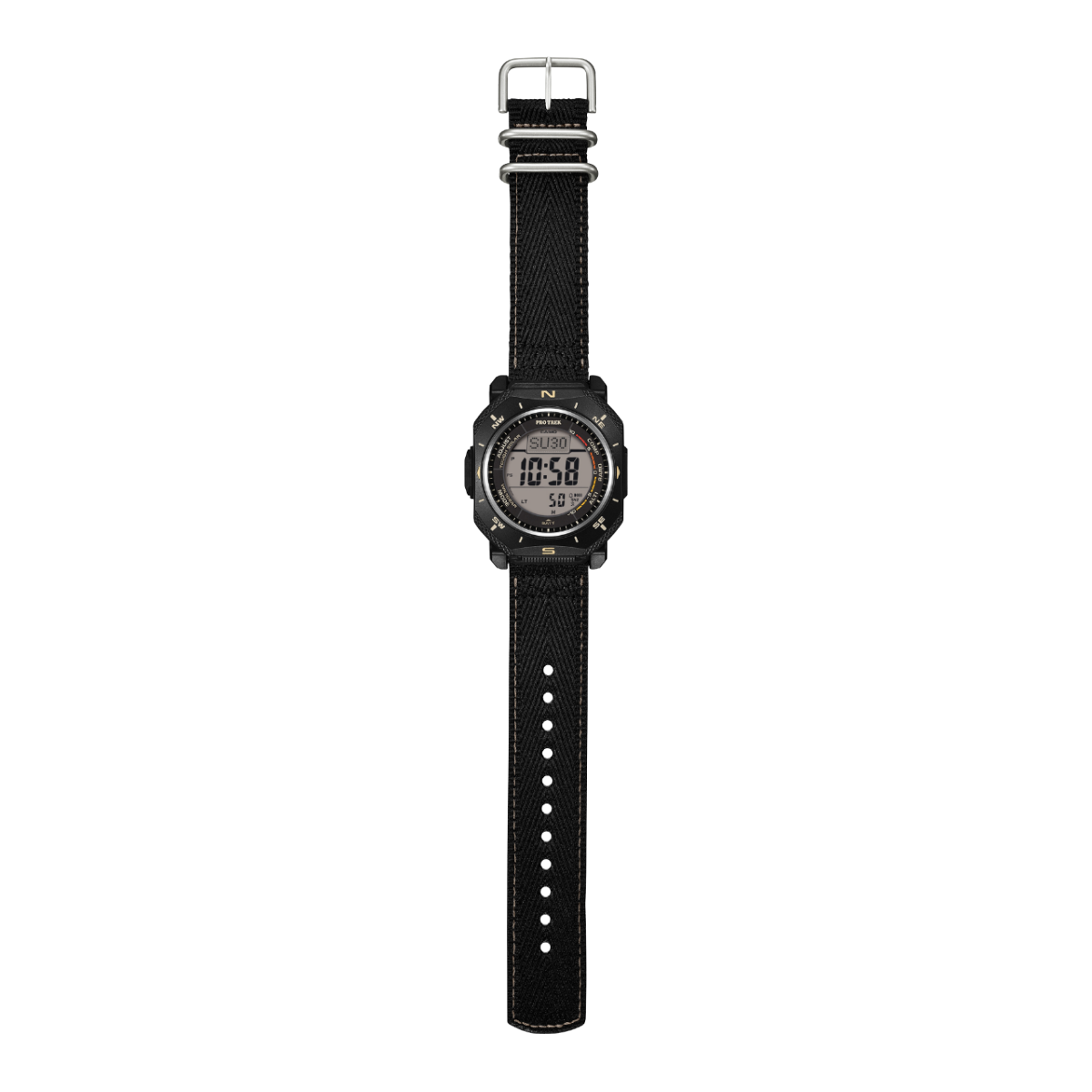 Overall view of the PRO TREK PRG-69B-1ER with open fabric strap and silver clasp and strap holder