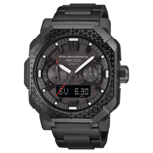 Front view of the black PRO TREK PRW-B1000WM-1ER with a subtle White Mountaineering® triangle pattern on the bezel and dial