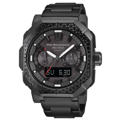 Front view of the black PRO TREK PRW-B1000WM-1ER with a subtle White Mountaineering® triangle pattern on the bezel and dial