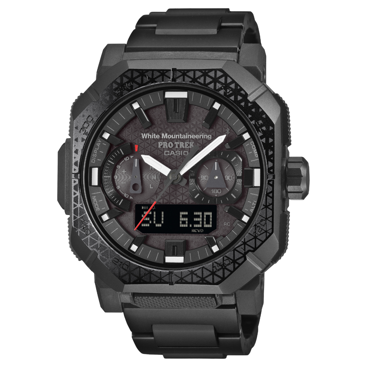Front view of the black PRO TREK PRW-B1000WM-1ER with a subtle White Mountaineering® triangle pattern on the bezel and dial