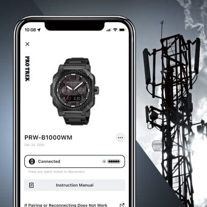 The PRW-B1000WM-1ER can be seen on the display of a smartphone, with a radio tower pictured next to it.