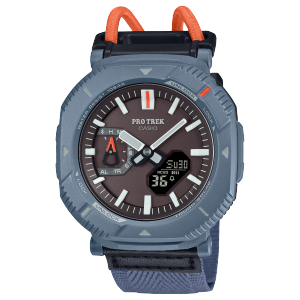 The analog watch PRJ-B001B-2 with a grey-blue case, a blue textile band and orange details