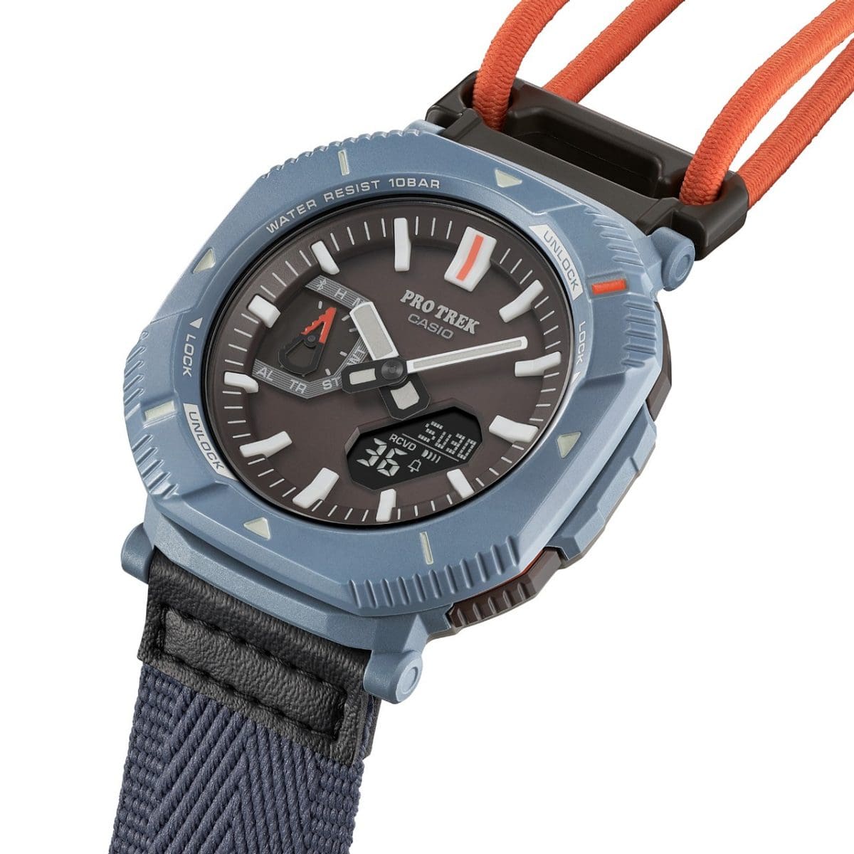 Side view of the blue  PRJ-B001B-2 wristwatch with orange strap