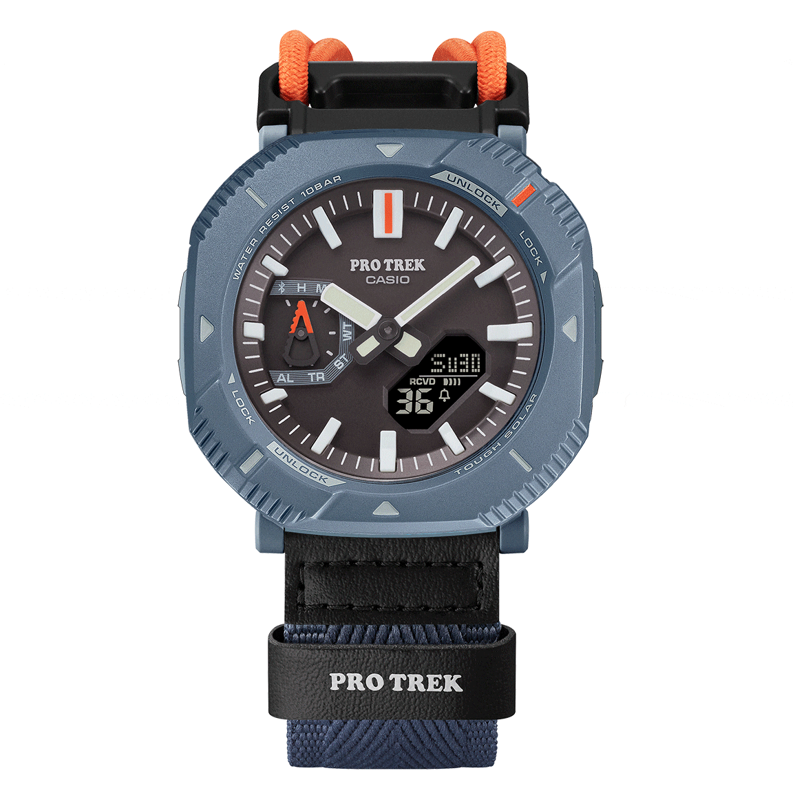 The rotary guard bezel of the blue and orange PRO TREK PRJ-B001B-2